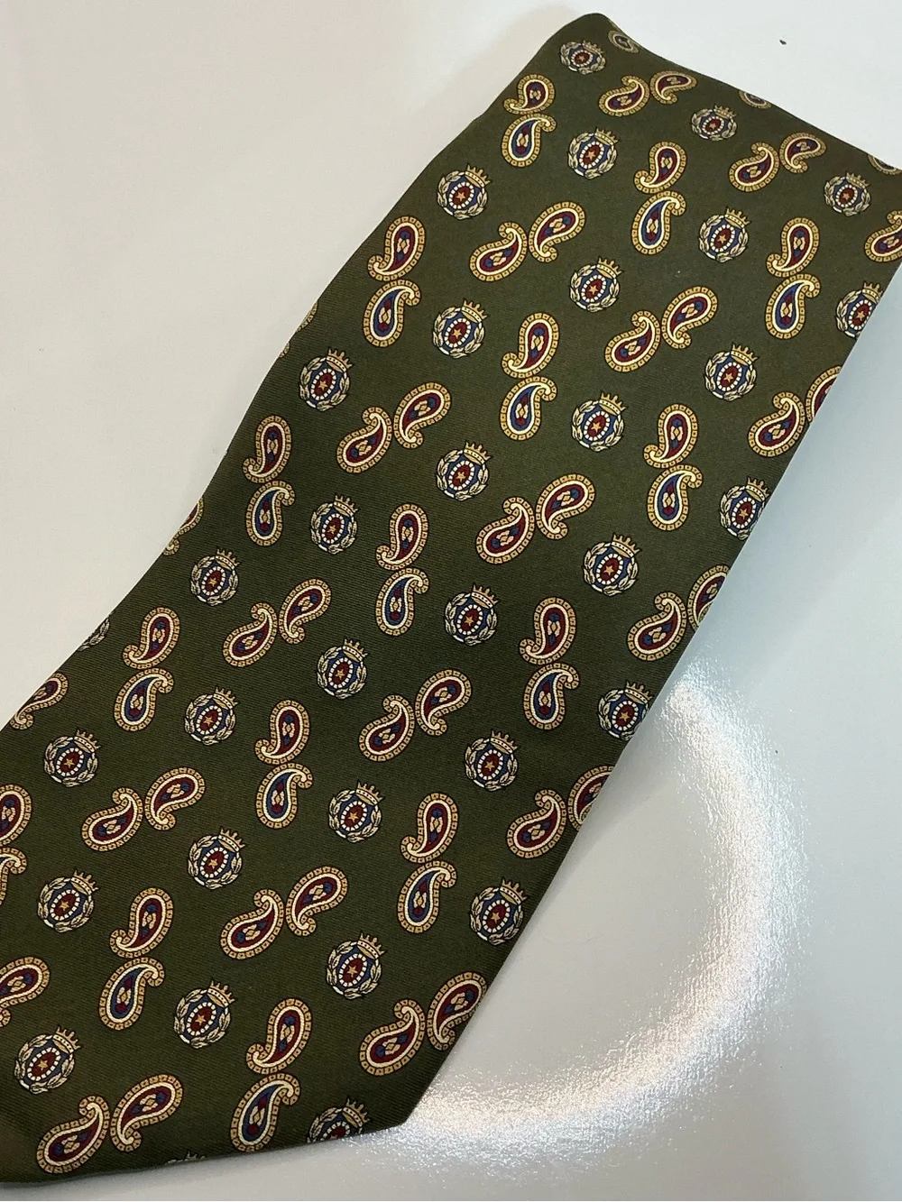 Tommy Hilfiger Olive Green Paisley Silk Tie with Maroon and Gold Accents